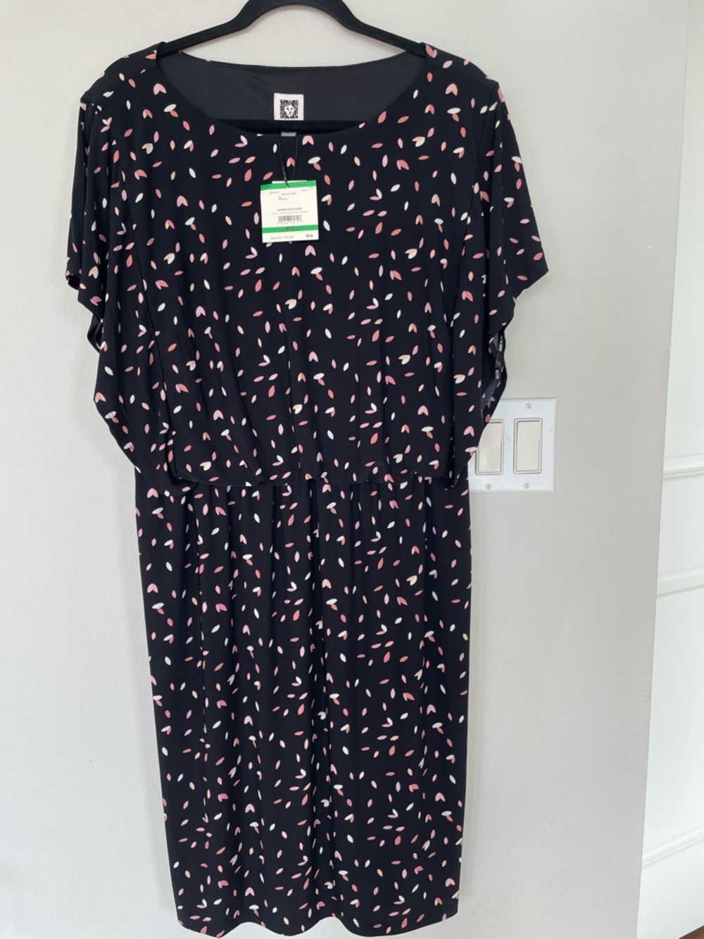 NWT Anne Klein Women Allover Black Print Midi Short Sleeve Dress Crew Neck Large
